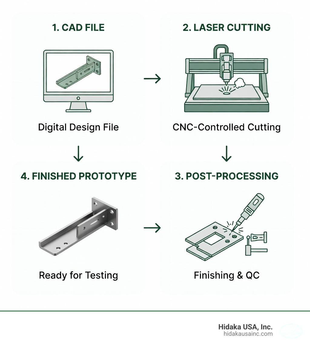 Laser cutting workflow from CAD file to finished metal prototype part - prototype laser cutting services infographic 