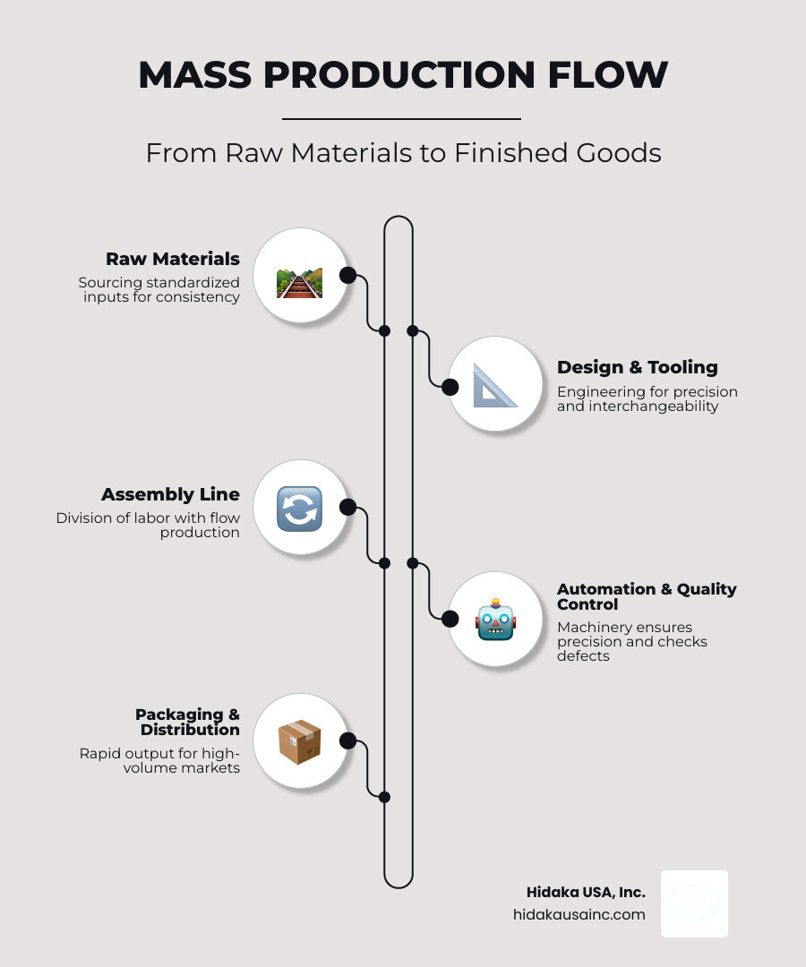 Infographic: Mass production flow from raw materials to finished goods with key stages labeled - what is mass production Infographic: Mass production flow from raw materials to finished goods with key stages labeled - what is mass production