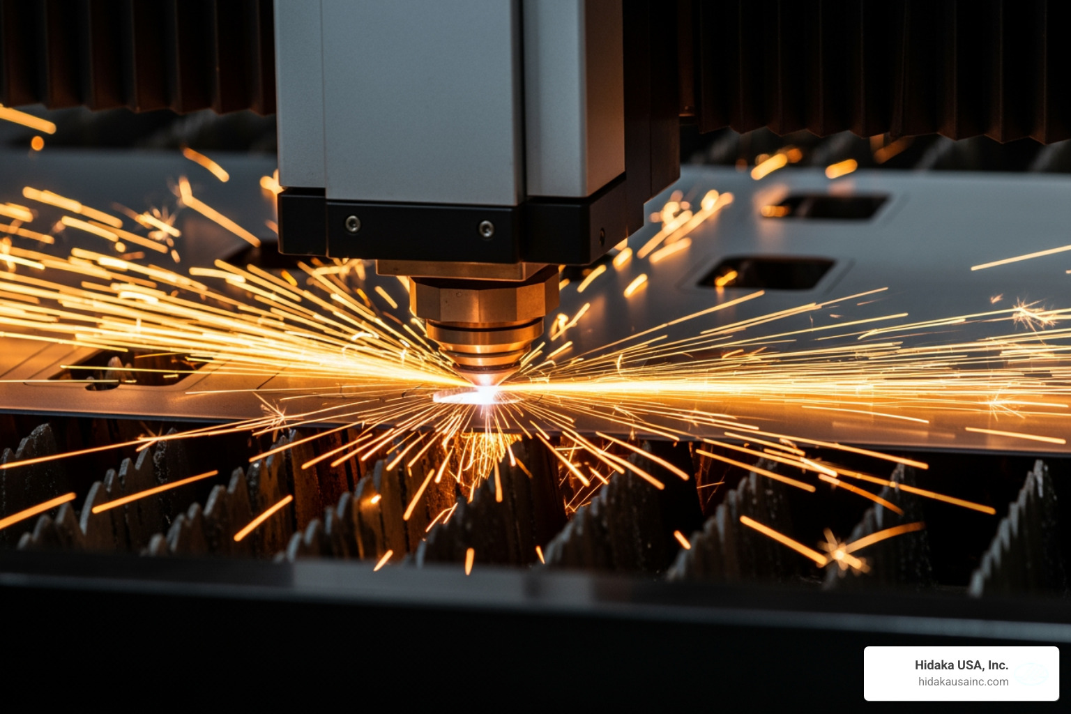 A laser beam piercing through a stainless steel sheet with sparks flying - 2D laser cutting prototypes