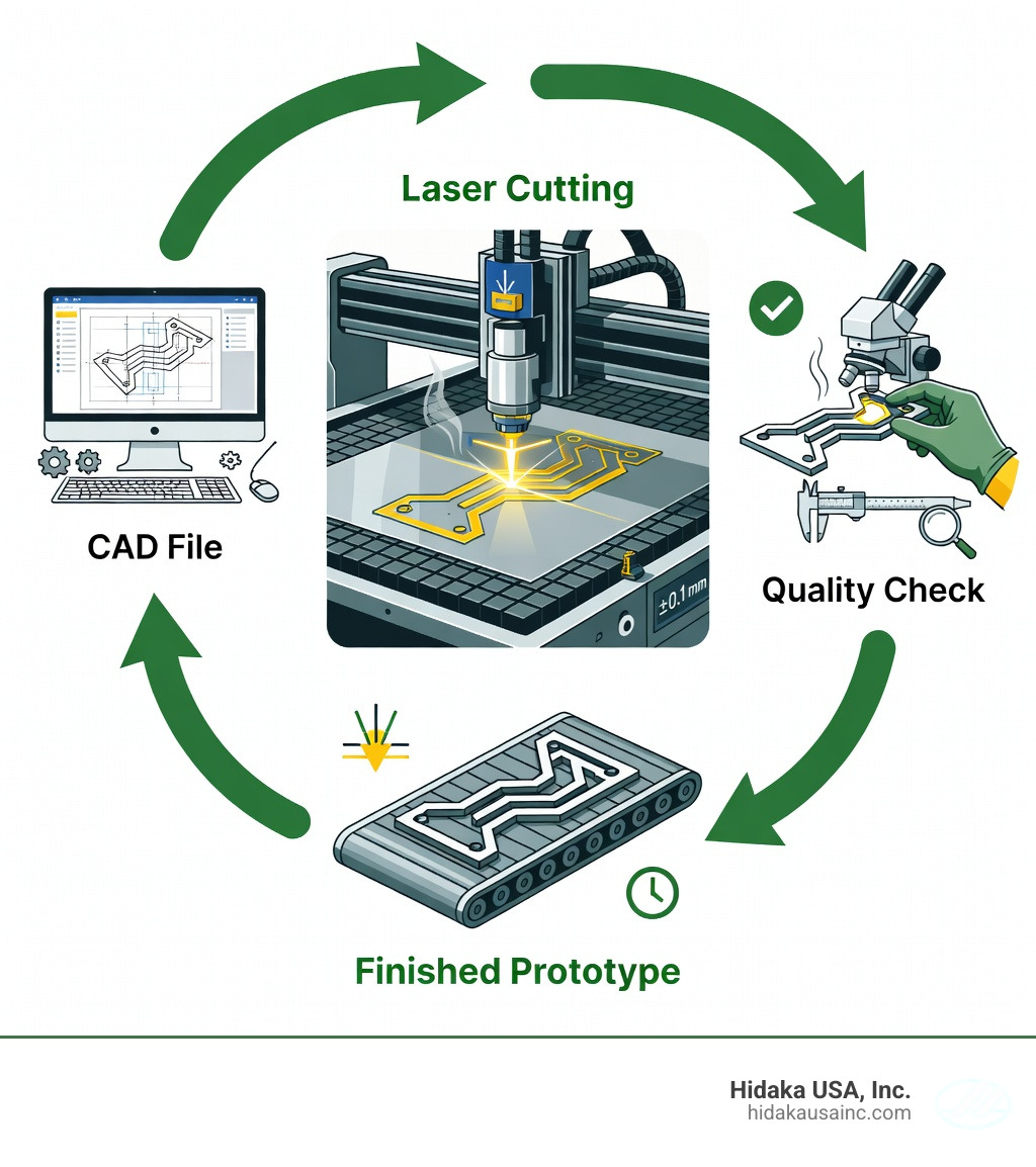 Infographic showing 2D laser cutting workflow from CAD file to finished prototype part - 2D laser cutting prototypes