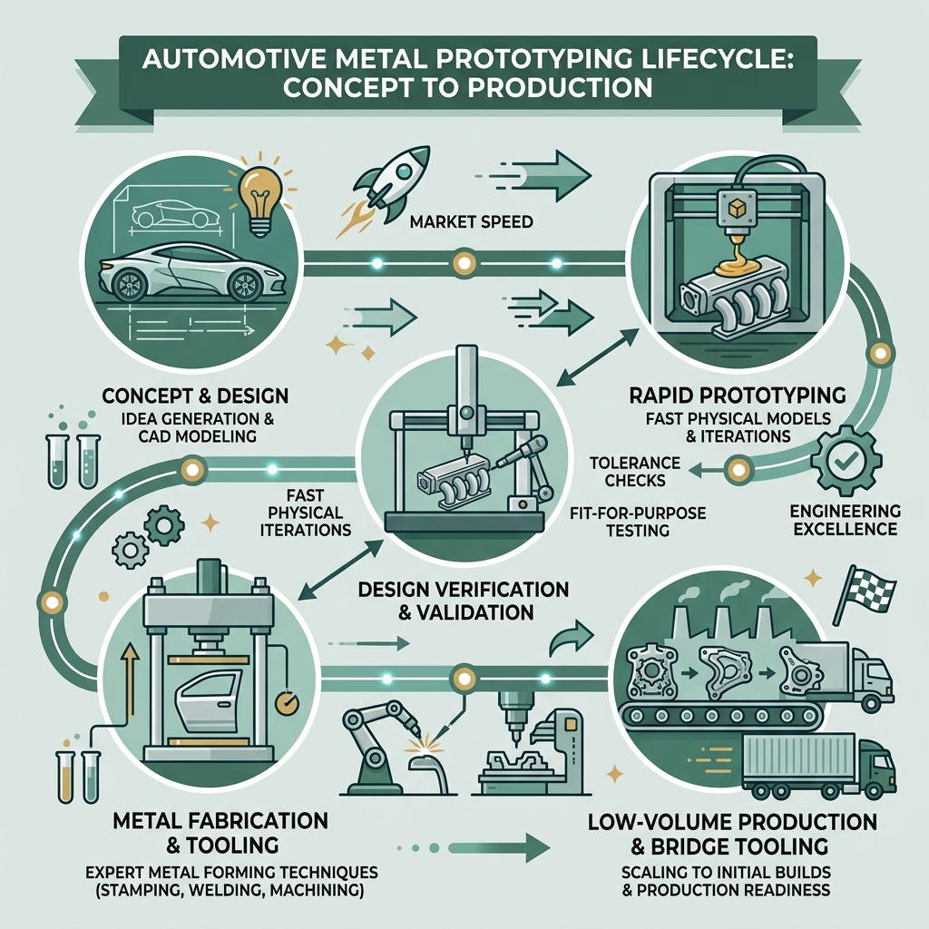 infographic explaining the prototyping lifecycle from concept to production; rapid prototyping; design verification; metal