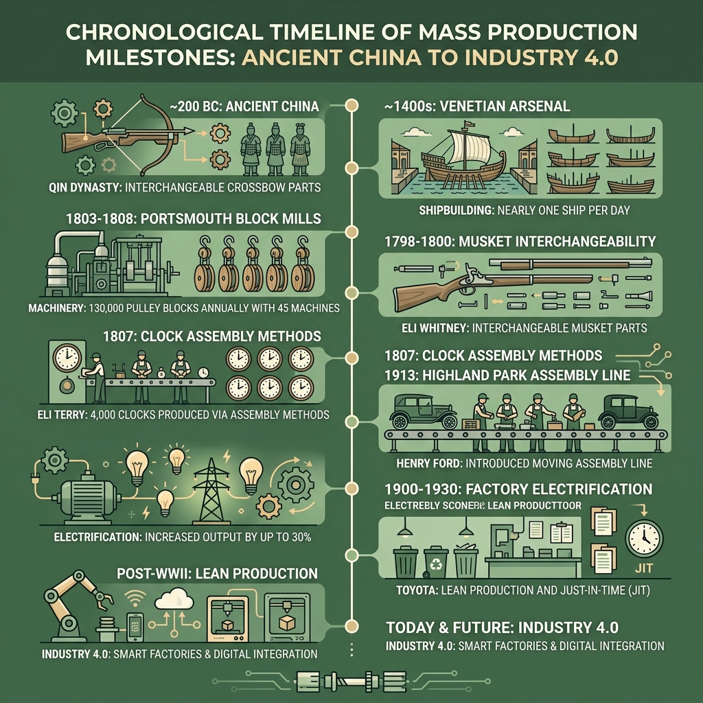 Chronological timeline of mass production milestones from ancient China to Industry 4.0 - when did mass production begin