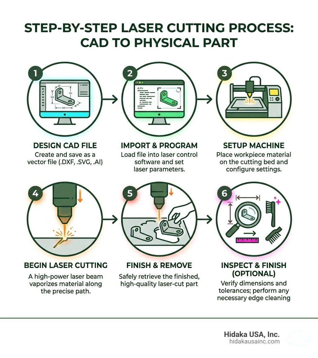 Step-by-step laser cutting process from CAD file to finished physical part - prototype laser cutting infographic Step-by-step laser cutting process from CAD file to finished physical part - prototype laser cutting infographic