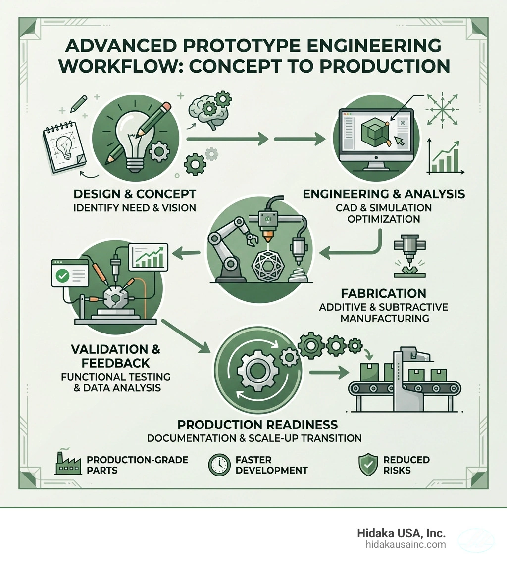 Infographic showing the concept-to-production workflow in advanced prototype engineering - advanced prototype engineering