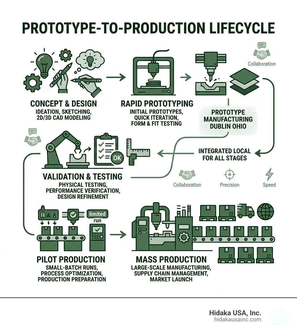 Prototype-to-production lifecycle infographic showing stages from concept to mass production - prototype manufacturing