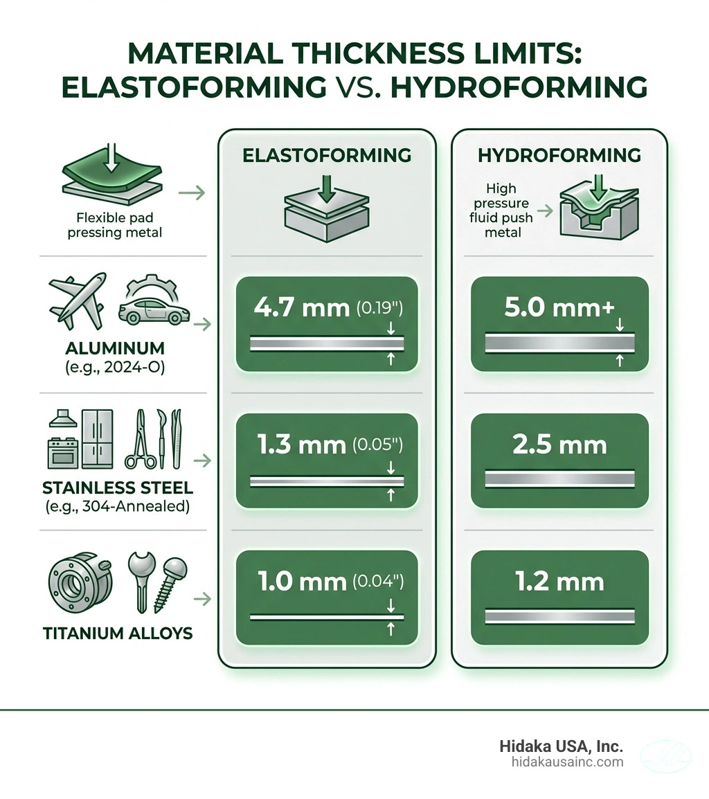 Material thickness limits comparing elastoforming and hydroforming for common alloys - hydraulic press prototype forming
