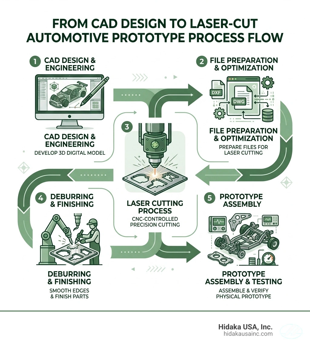 CAD design to laser-cut automotive prototype process flow infographic - automotive prototype laser cutting infographic CAD design to laser-cut automotive prototype process flow infographic - automotive prototype laser cutting infographic