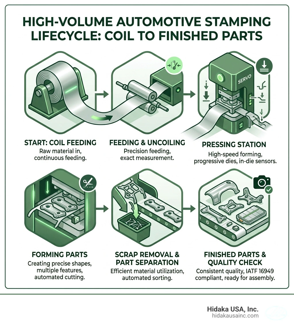 High-volume automotive stamping lifecycle from coil feeding to finished parts - Automotive stamping high volume infographic 