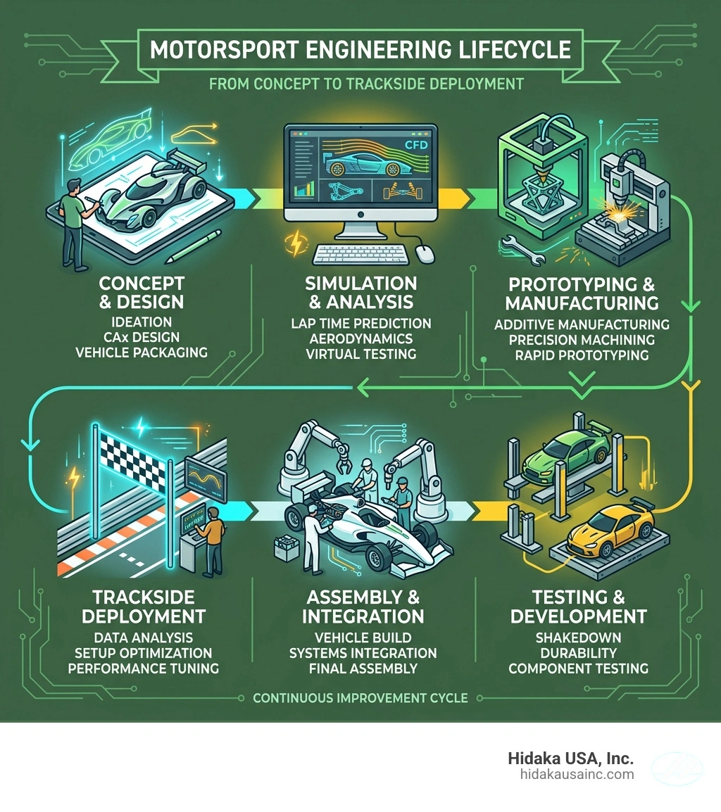 Motorsport engineering lifecycle from concept to trackside deployment infographic - motorsport engineering services Motorsport engineering lifecycle from concept to trackside deployment infographic - motorsport engineering services