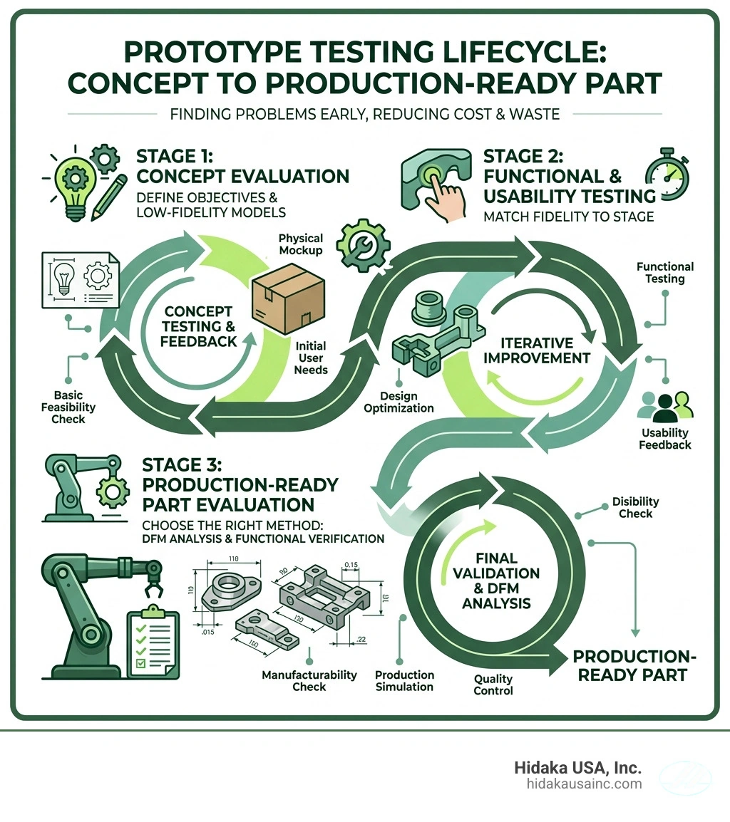 Prototype testing lifecycle from concept to production-ready part infographic - how to evaluate prototypes infographic Prototype testing lifecycle from concept to production-ready part infographic - how to evaluate prototypes infographic