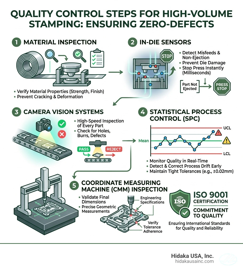 Infographic of quality control steps including CMM and SPC - Custom high volume stamping infographic Infographic of quality control steps including CMM and SPC - Custom high volume stamping infographic
