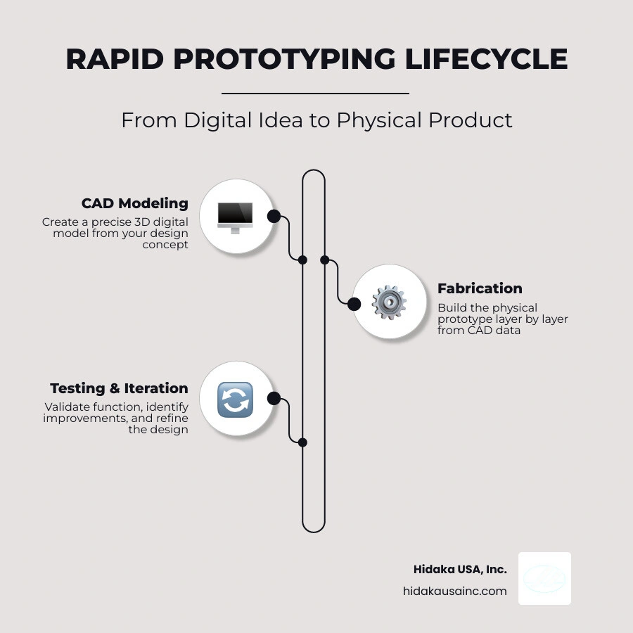 Rapid prototyping lifecycle infographic: CAD design to physical prototype to testing to iteration infographic Rapid prototyping lifecycle infographic: CAD design to physical prototype to testing to iteration infographic