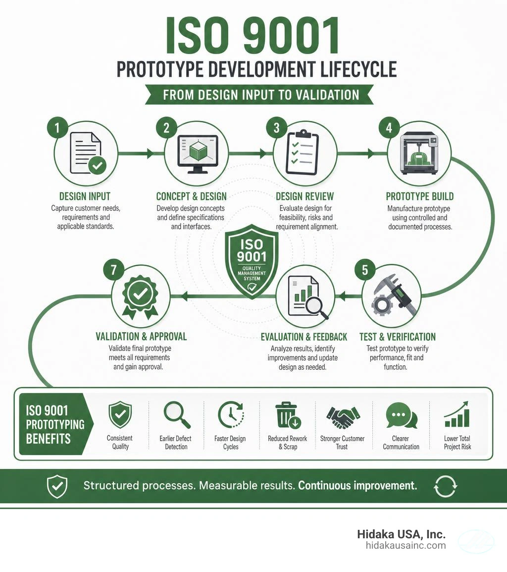 ISO 9001 prototype development lifecycle from design input to validation infographic