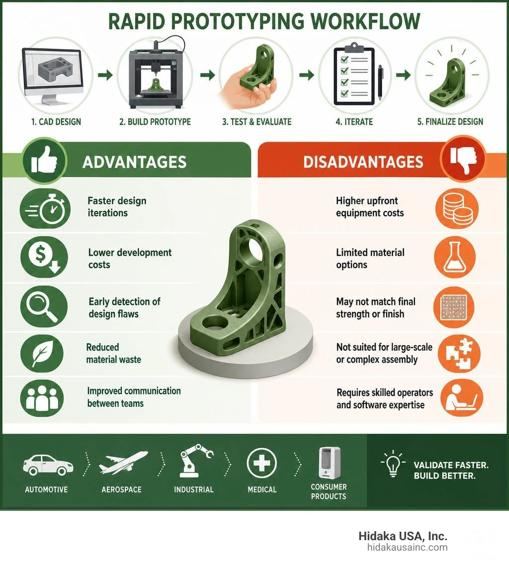 Rapid prototyping workflow infographic showing advantages and disadvantages side by side infographic