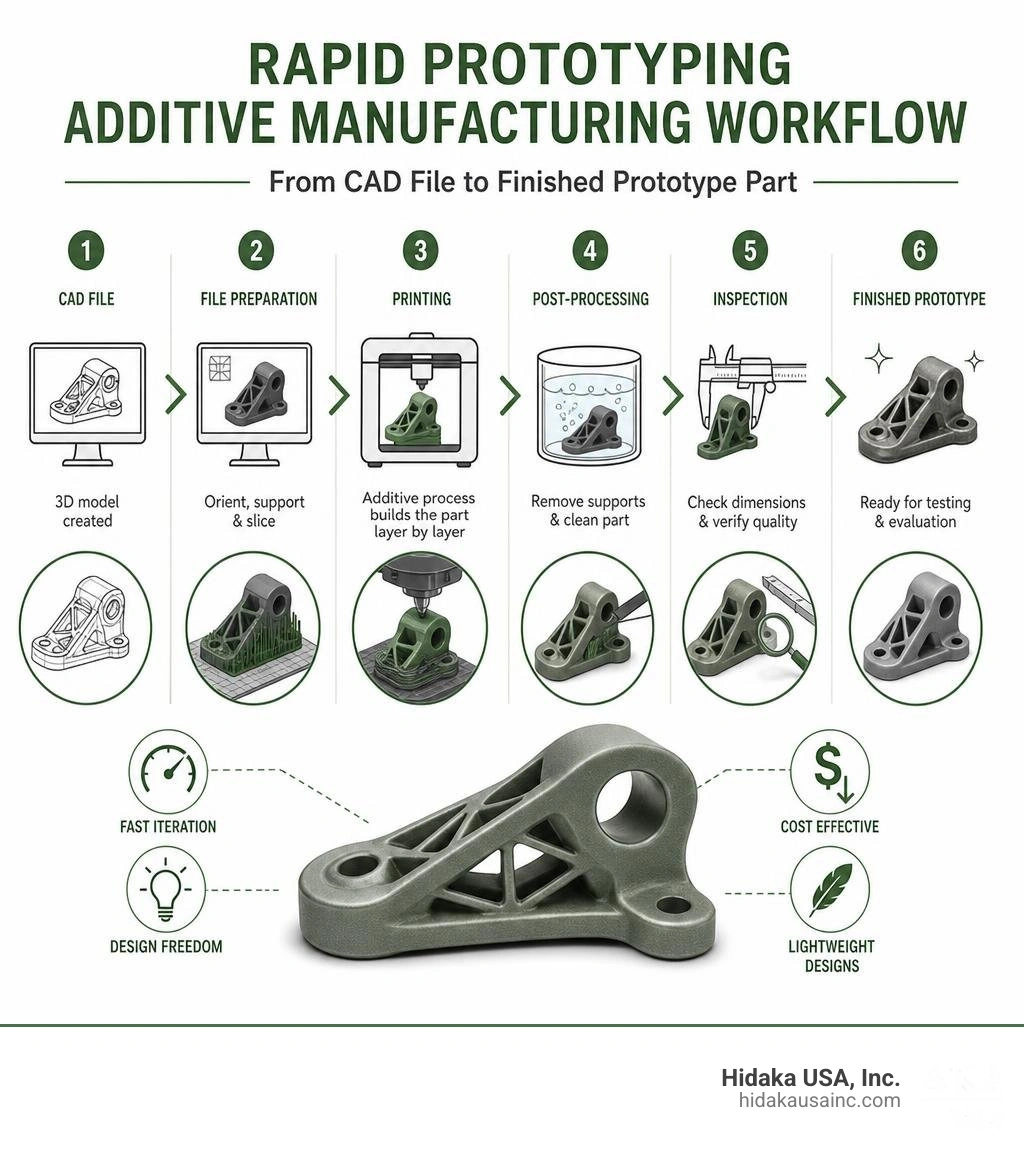 Rapid prototyping additive manufacturing workflow from CAD file to finished prototype part infographic