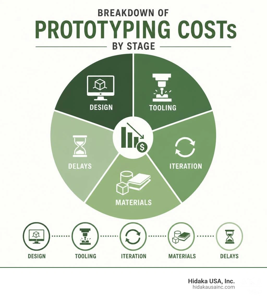 Breakdown of prototyping costs by stage: design, tooling, iteration, materials, and delays infographic Breakdown of prototyping costs by stage: design, tooling, iteration, materials, and delays infographic