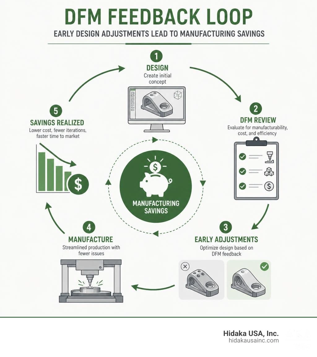 DFM feedback loop showing early design adjustments leading to manufacturing savings infographic DFM feedback loop showing early design adjustments leading to manufacturing savings infographic