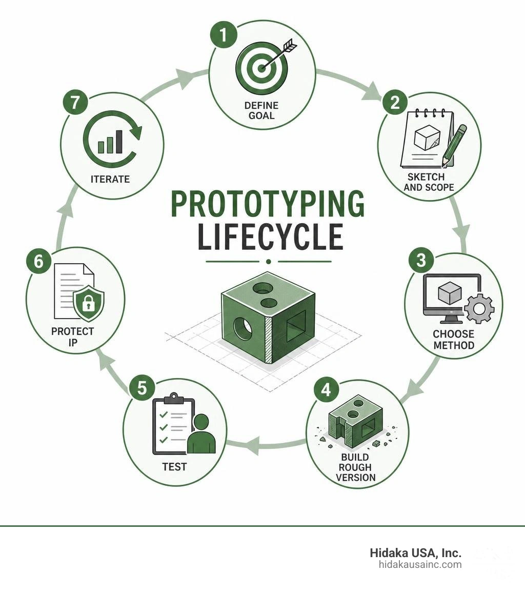 Prototyping lifecycle infographic: define goal, sketch and scope, choose method, build rough version, test, protect IP Prototyping lifecycle infographic: define goal, sketch and scope, choose method, build rough version, test, protect IP