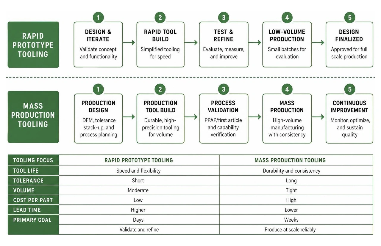 Comparison between rapid prototype tooling and mass production tooling