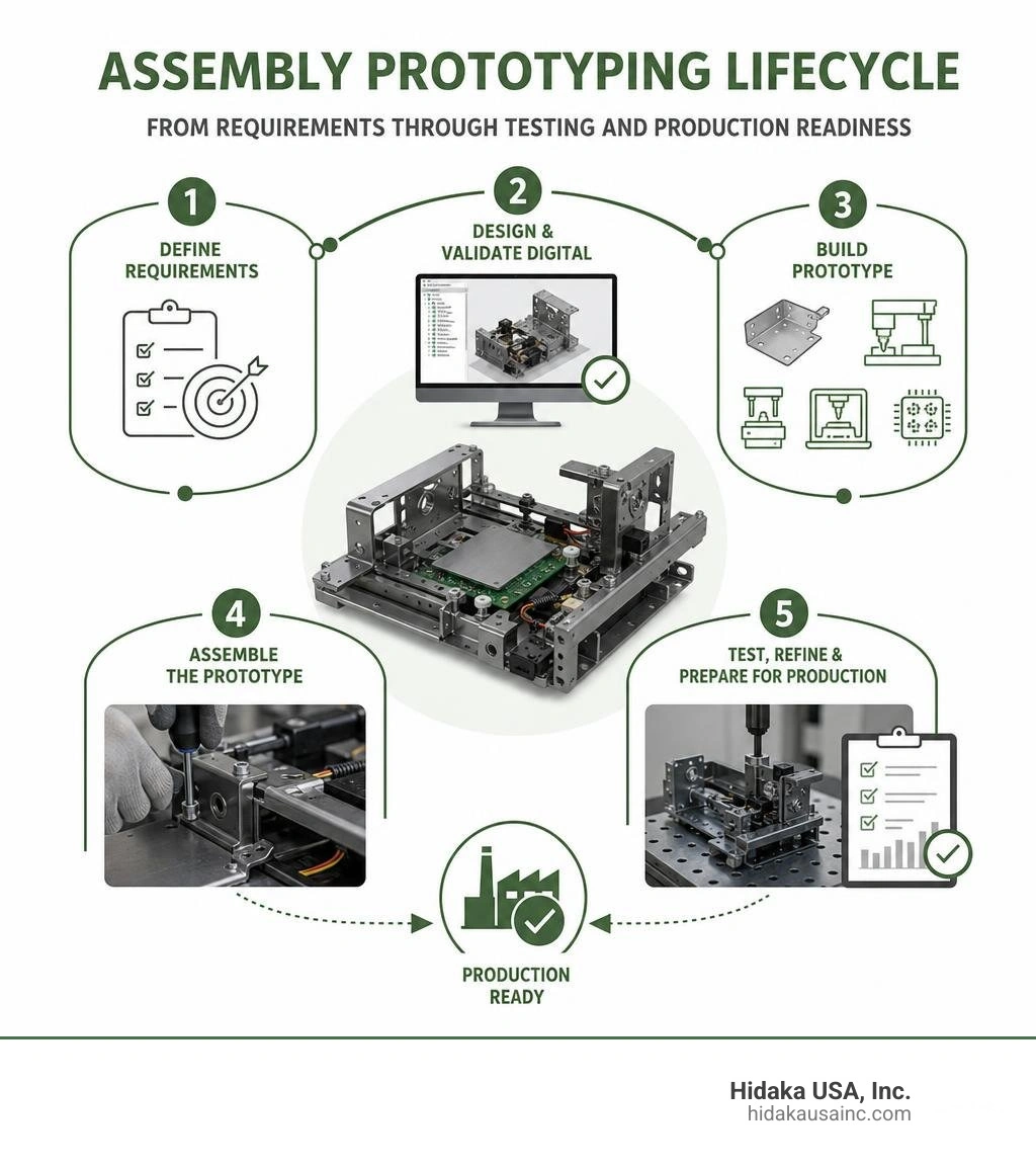 Assembly prototyping lifecycle from requirements through testing and production readiness infographic Assembly prototyping lifecycle from requirements through testing and production readiness infographic