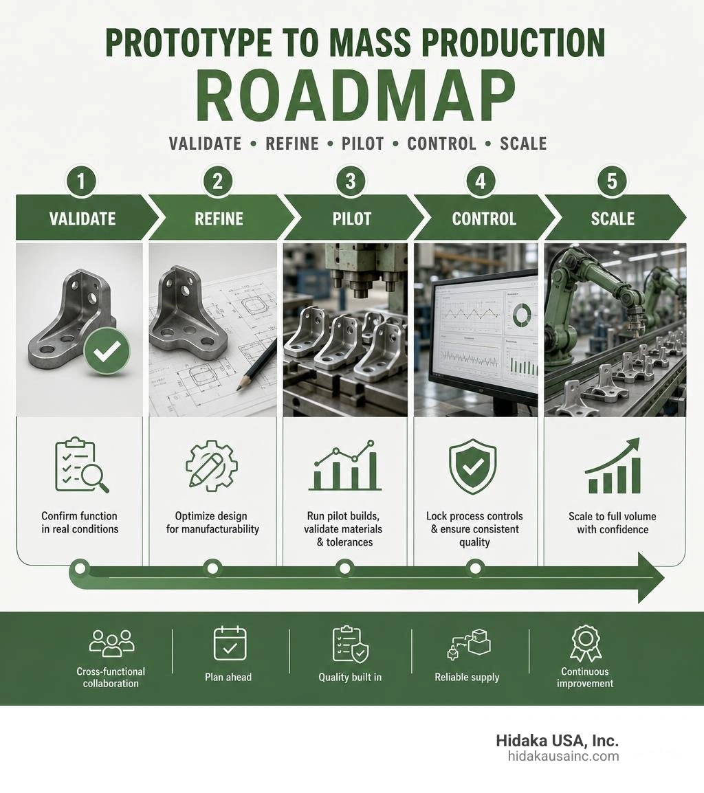 Prototype to mass production roadmap: validate, refine, pilot, control, scale infographic Prototype to mass production roadmap: validate, refine, pilot, control, scale infographic
