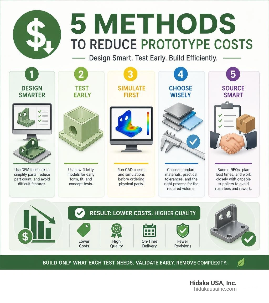 Five methods to reduce prototype costs through design, testing, process, materials, and sourcing infographic