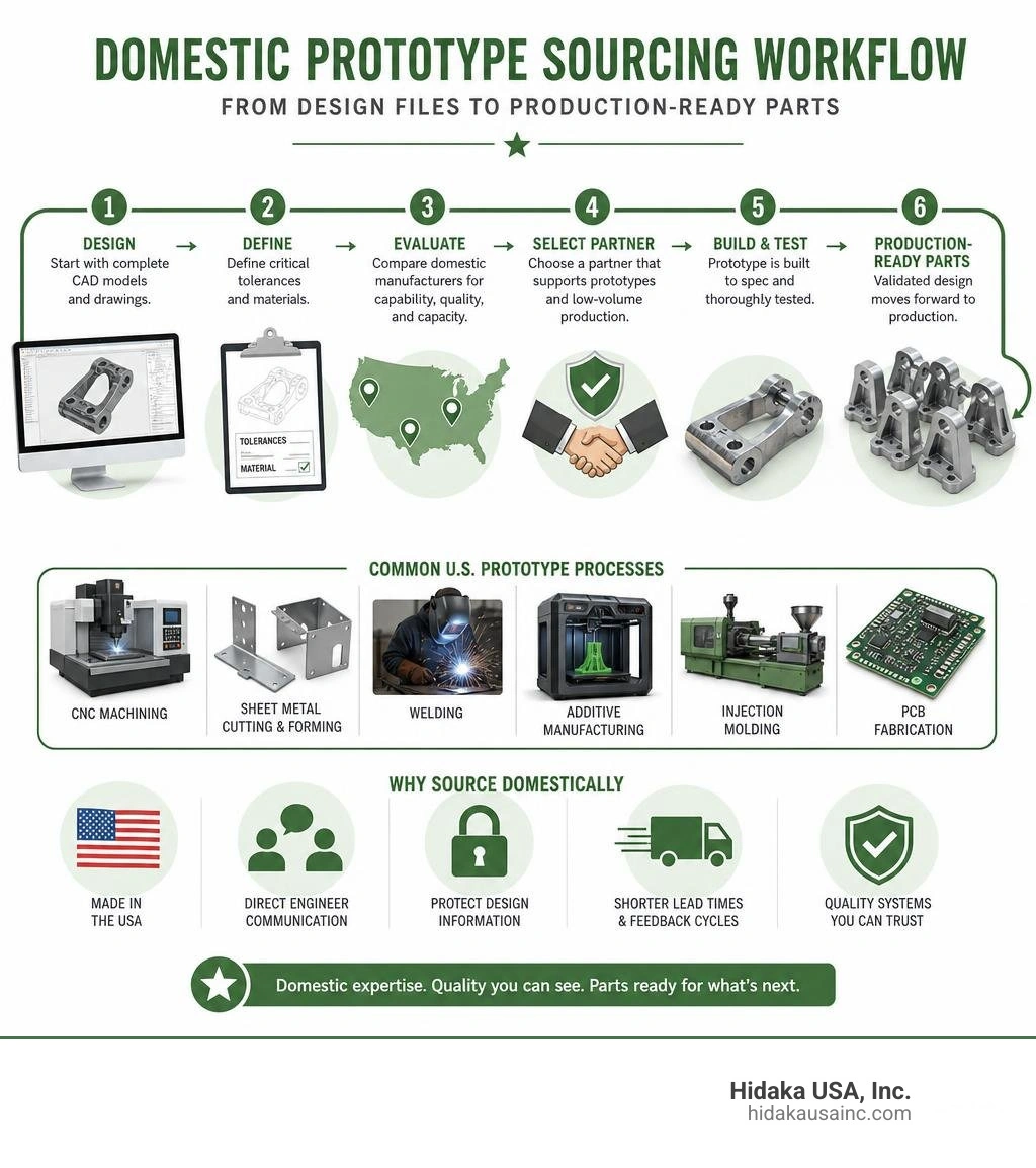 Domestic prototype sourcing workflow from design files to production-ready parts infographic
