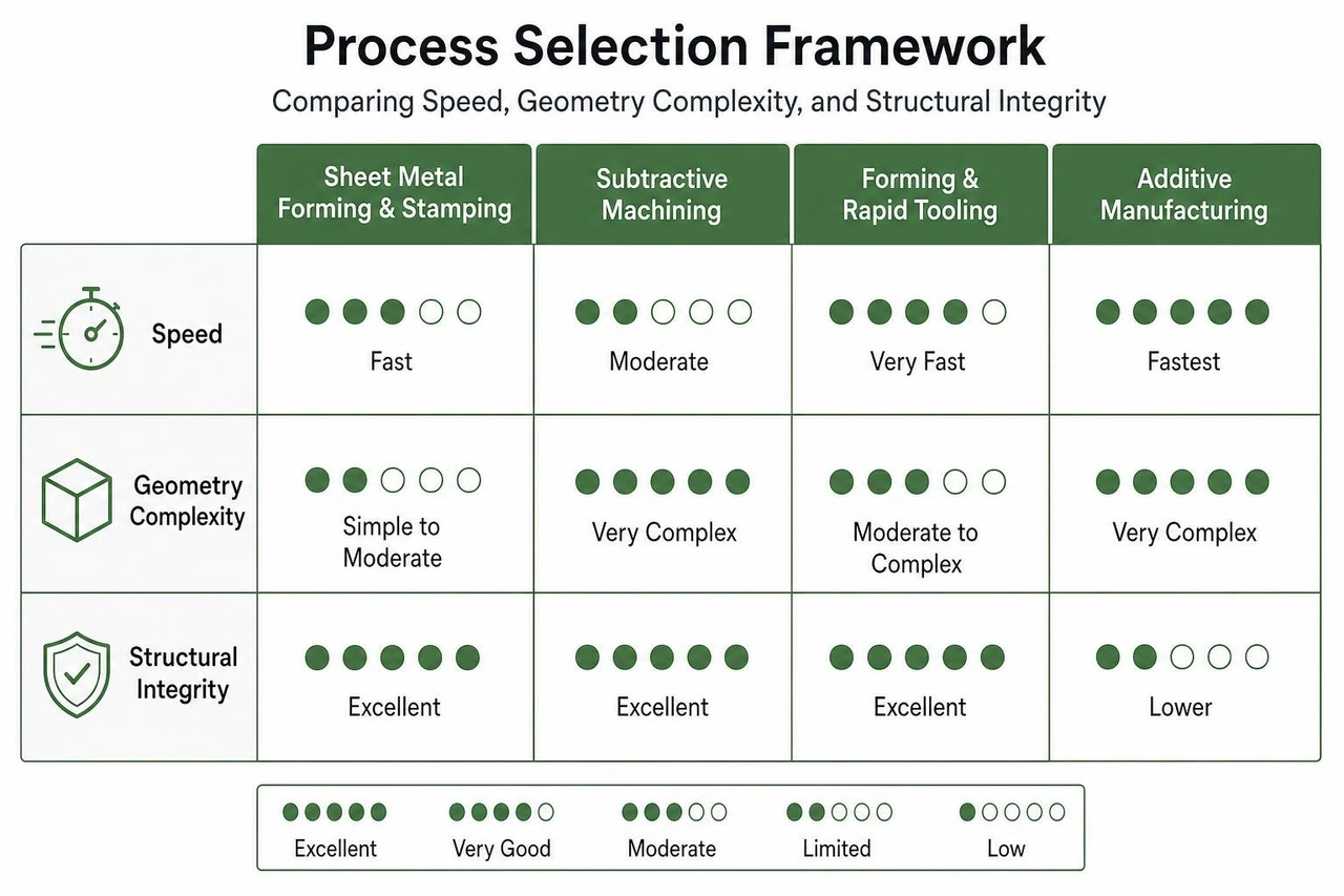 Process selection framework comparing speed, geometry complexity, and structural integrity
