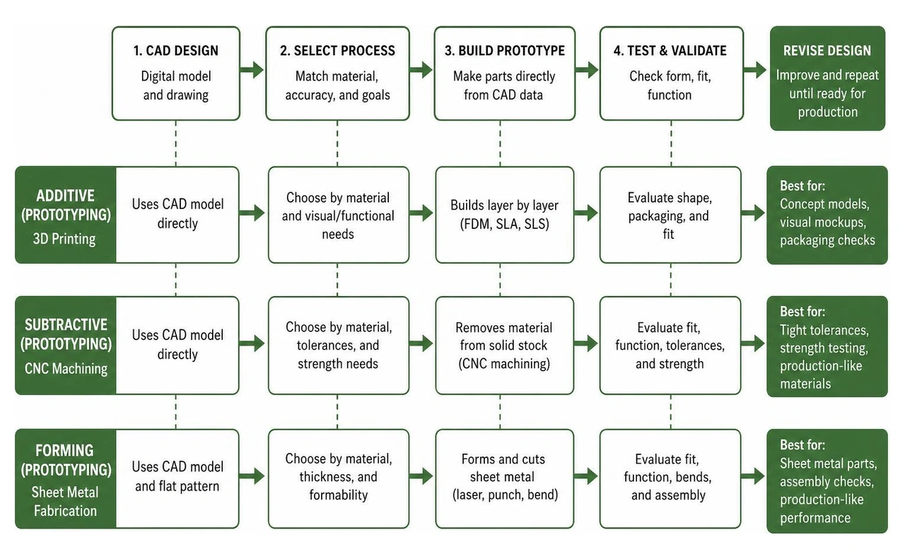 Workflow diagram comparing additive subtractive and forming prototype paths