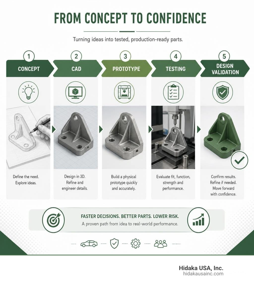 Concept to CAD to prototype to testing and design validation infographic infographic