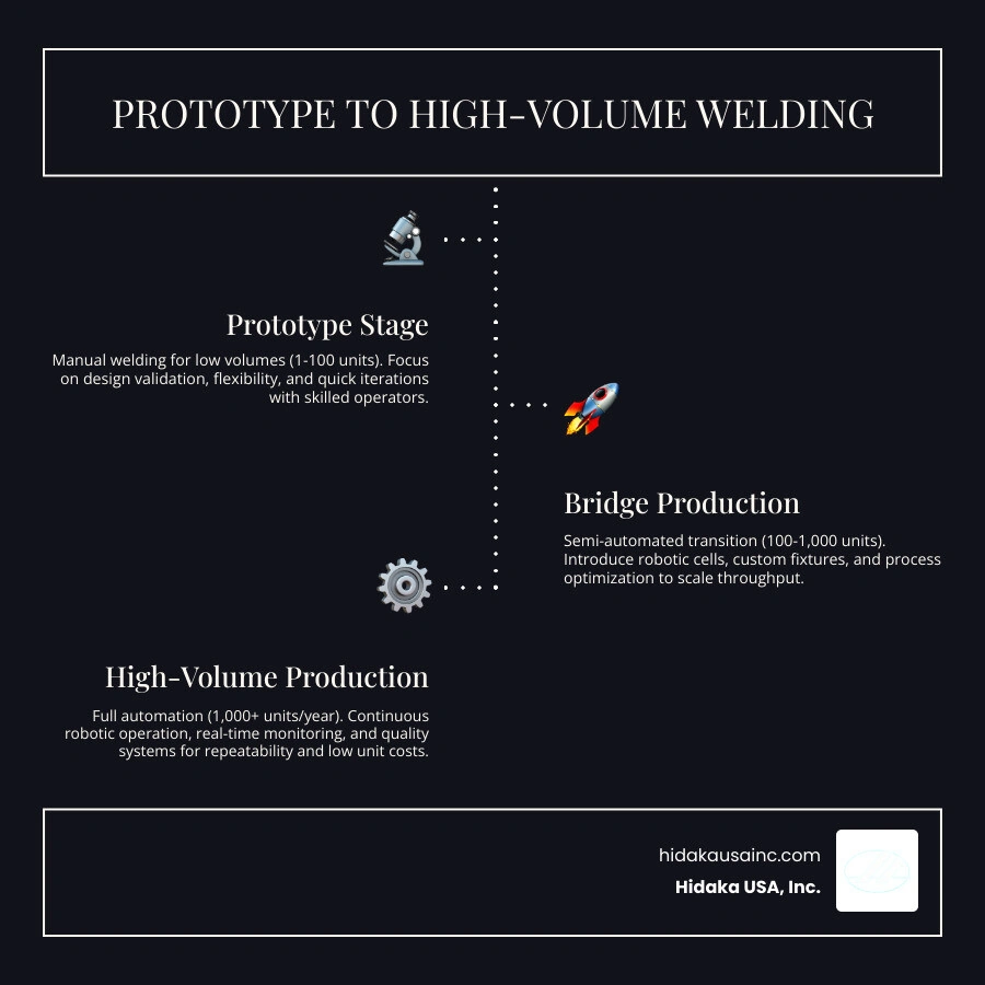 Infographic: Prototype to high-volume welding production workflow stages and key requirements infographic
