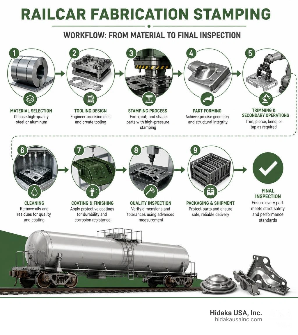 Railcar fabrication stamping workflow infographic showing process steps from material selection to final inspection