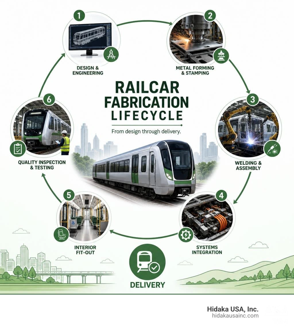 Railcar fabrication lifecycle infographic showing steps from design through delivery infographic Railcar fabrication lifecycle infographic showing steps from design through delivery infographic
