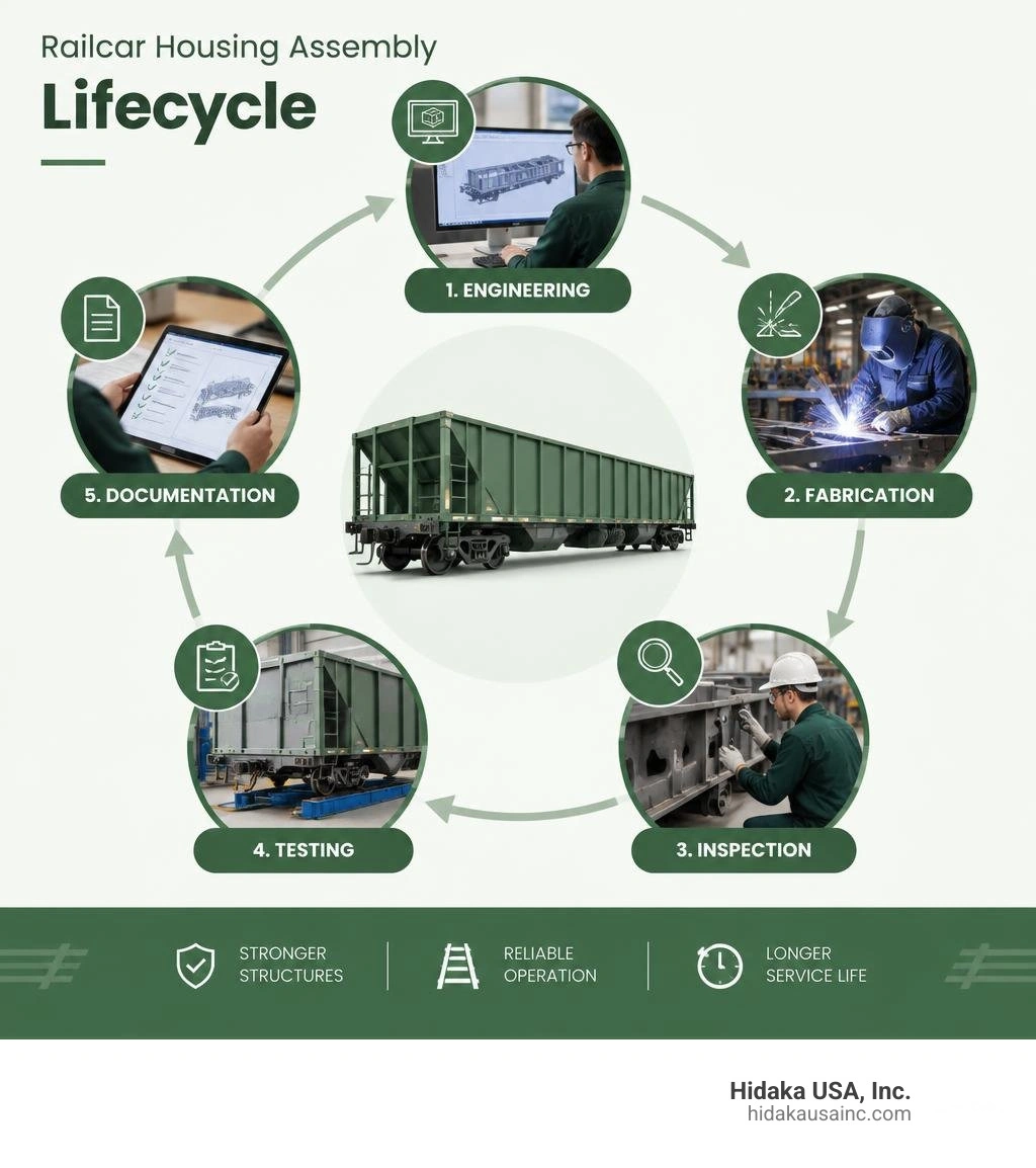 Railcar housing assembly lifecycle: engineering, fabrication, inspection, testing, documentation infographic Railcar housing assembly lifecycle: engineering, fabrication, inspection, testing, documentation infographic