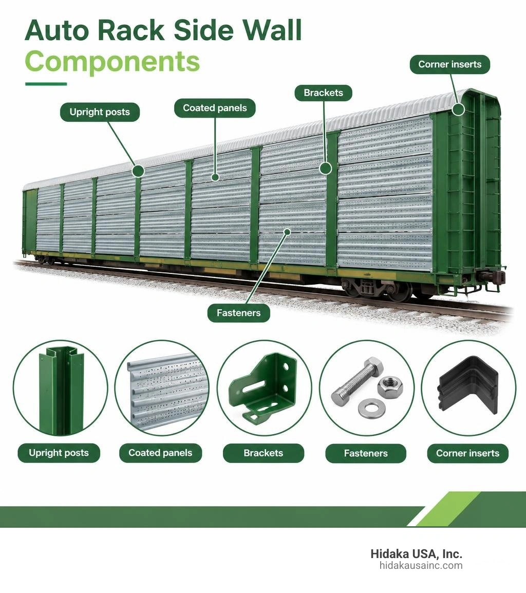 Auto rack side wall components: upright posts, coated panels, brackets, fasteners, and corner inserts infographic
