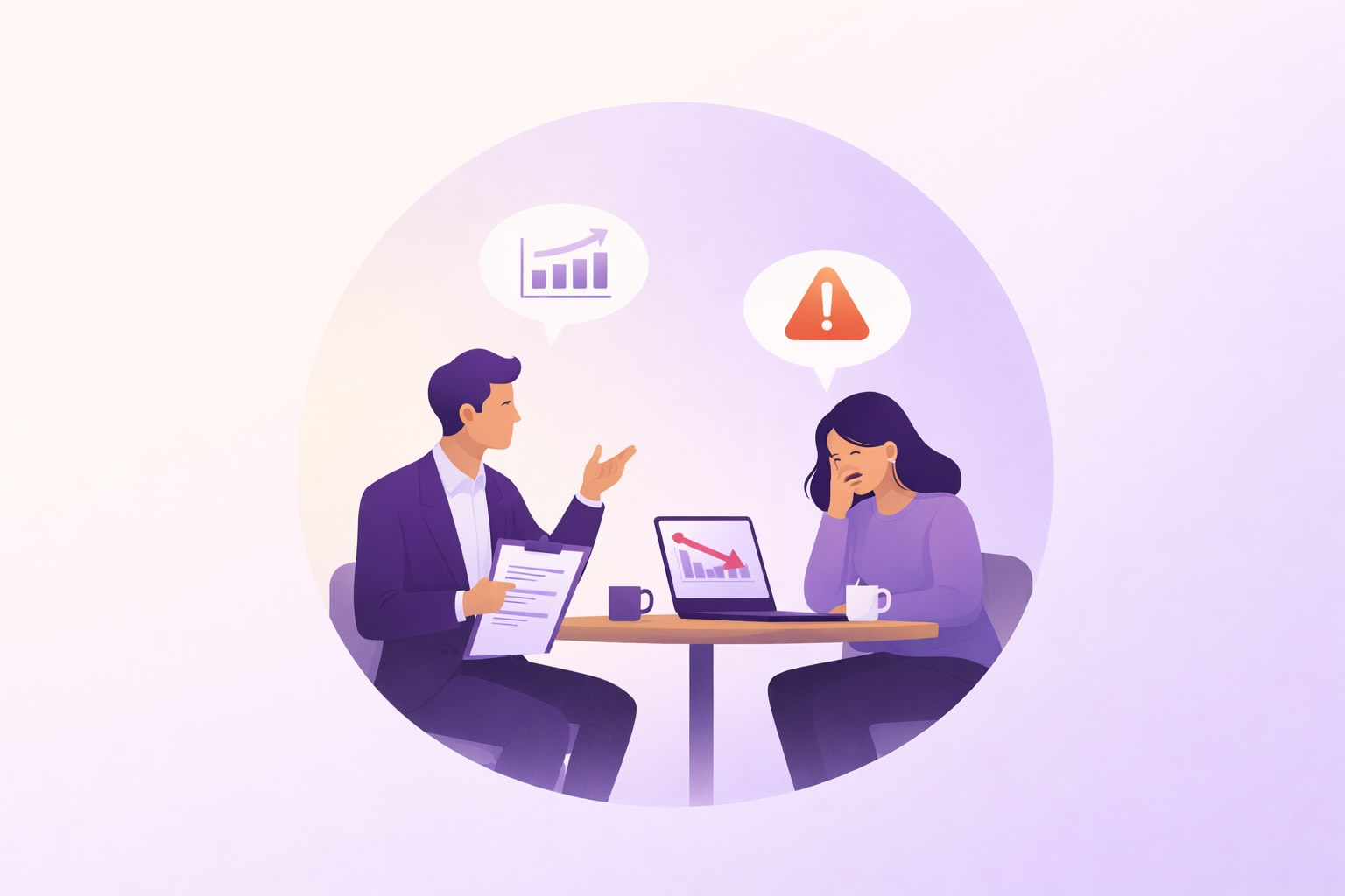 Manager conducting a performance improvement discussion with an underperforming employee, illustrating Skill Up Leader AI soft skills training and performance coaching.