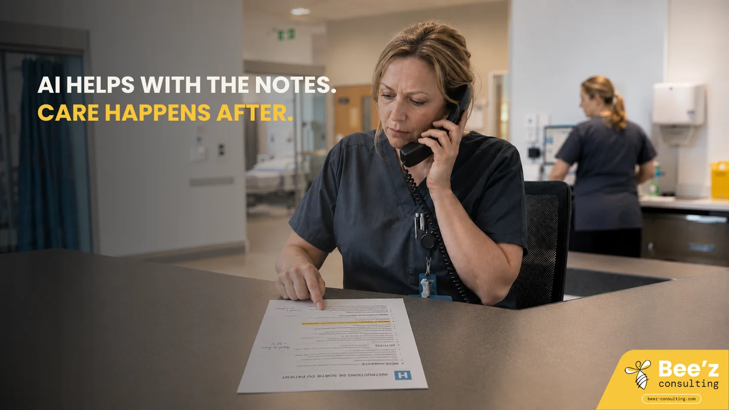 A nurse on the phone at a hospital workstation, finger on a printed patient discharge instruction sheet, reconstructing follow-up care after the consultation