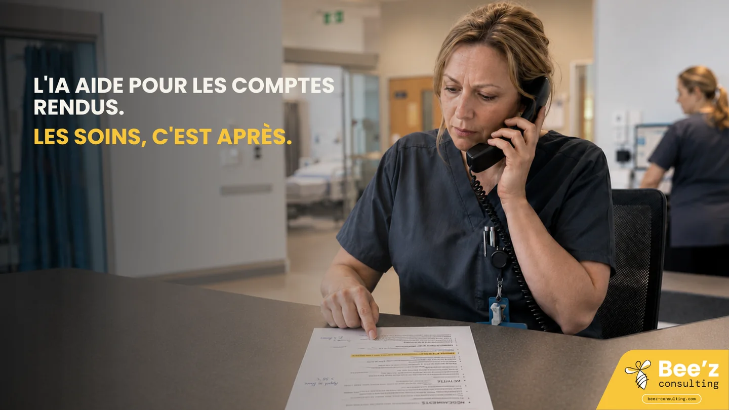 Une infirmière au téléphone à un poste de soins, le doigt sur une feuille d'instructions de sortie, reconstituant le suivi après la consultation