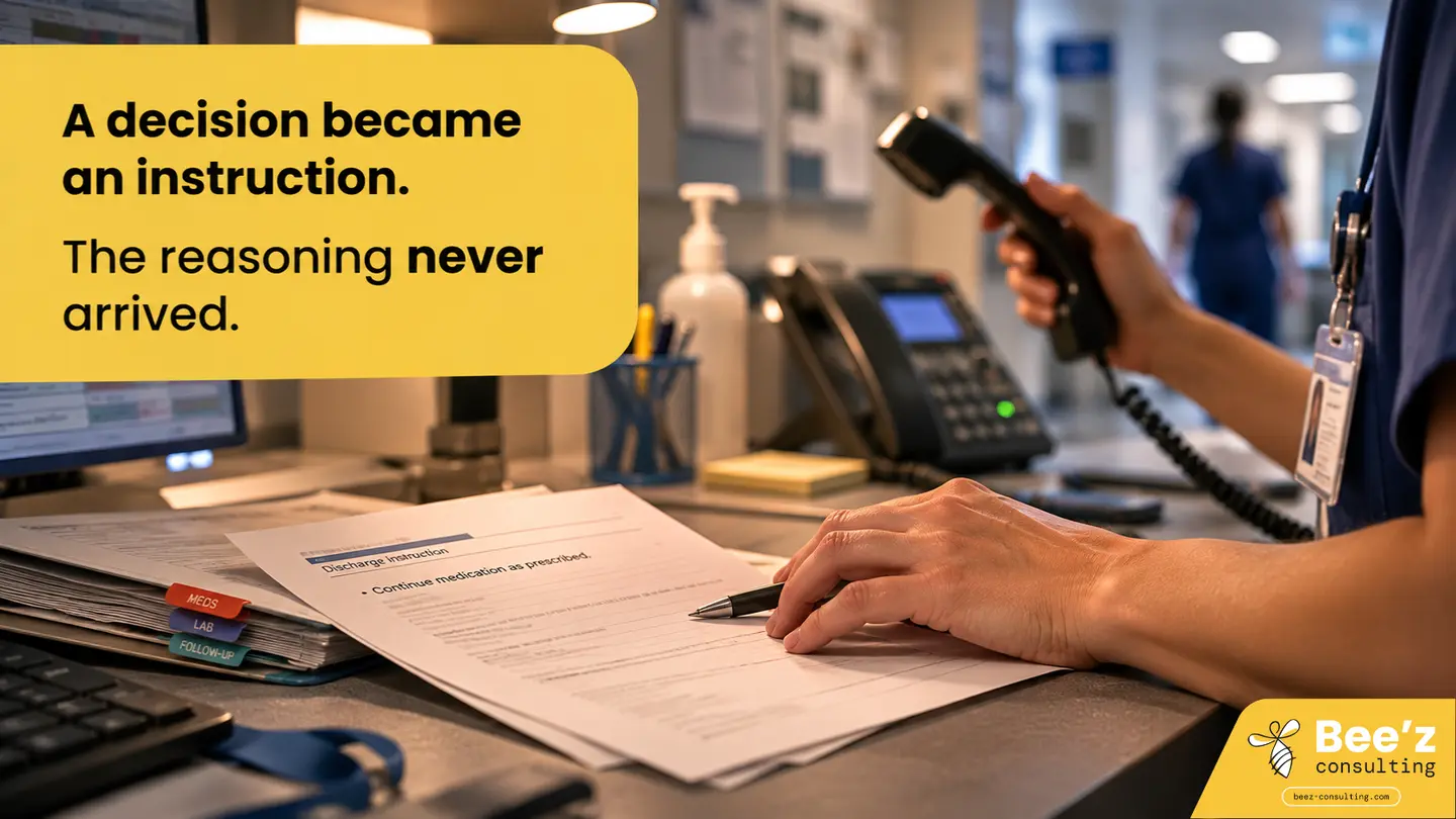 A nurse at a hospital workstation holding a phone receiver while reading a sparse discharge instruction sheet — a clinical decision stripped of its reasoning during handoff