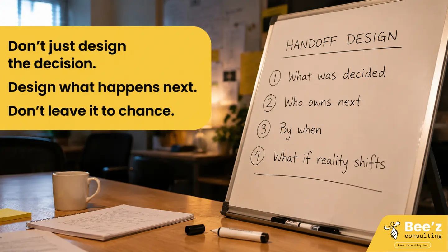 A whiteboard in a meeting room showing a hand-drawn handoff design checklist: what was decided, who owns next, by when, what if reality shifts — designing the healthcare decision to travel