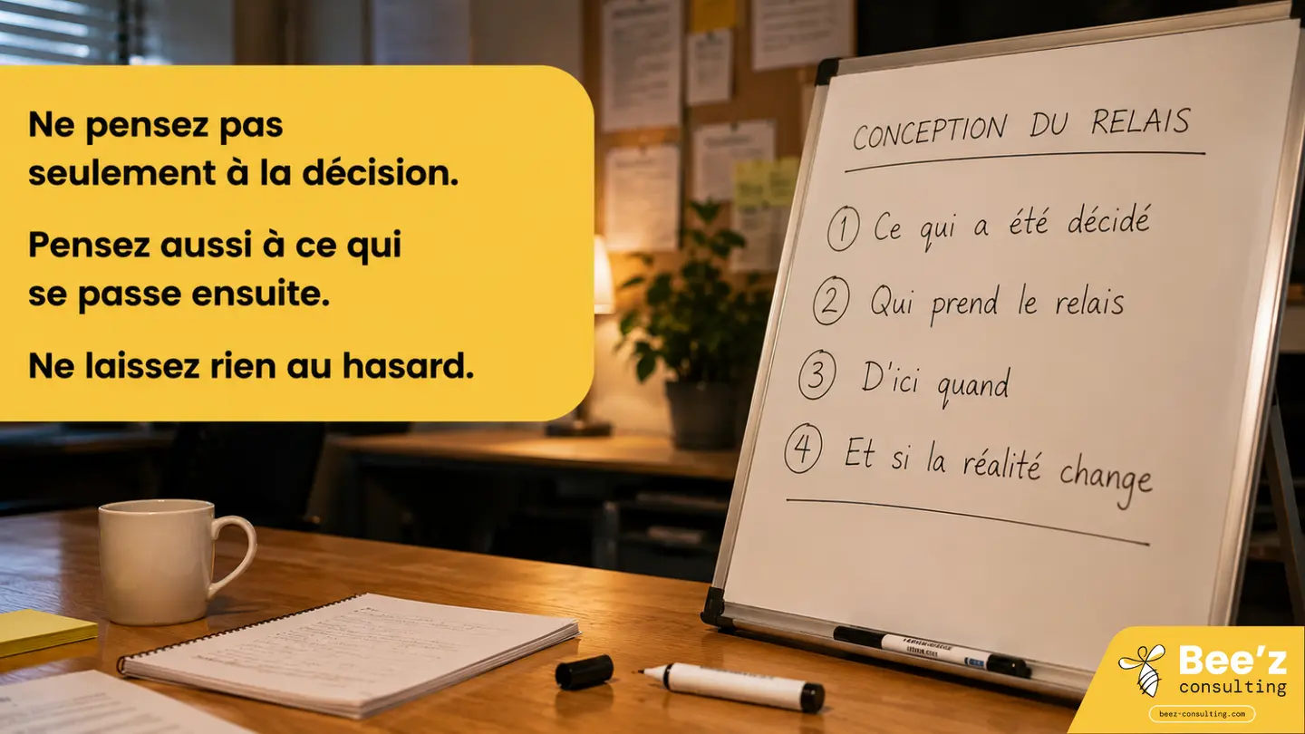 Un tableau blanc dans une salle de réunion montrant une liste de conception du relais dessinée à la main : ce qui a été décidé, qui prend le relais, d'ici quand, et si la réalité change — concevoir la décision pour qu'elle survive au transfert
