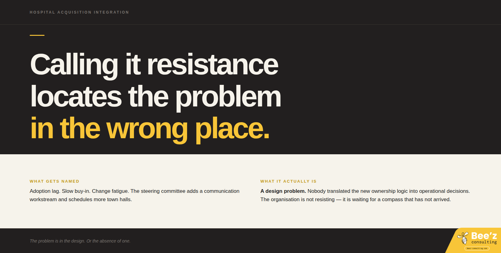 Dark typographic infographic with large white and gold text stating the misdiagnosis of resistance in hospital acquisition integration