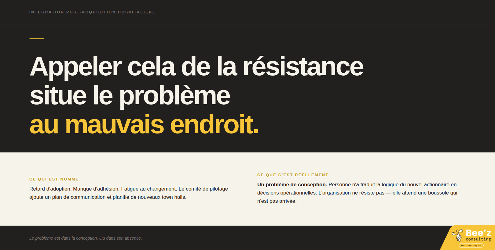 Infographie typographique sombre avec grand texte blanc et doré en français sur le mauvais diagnostic de résistance dans l'intégration post-acquisition