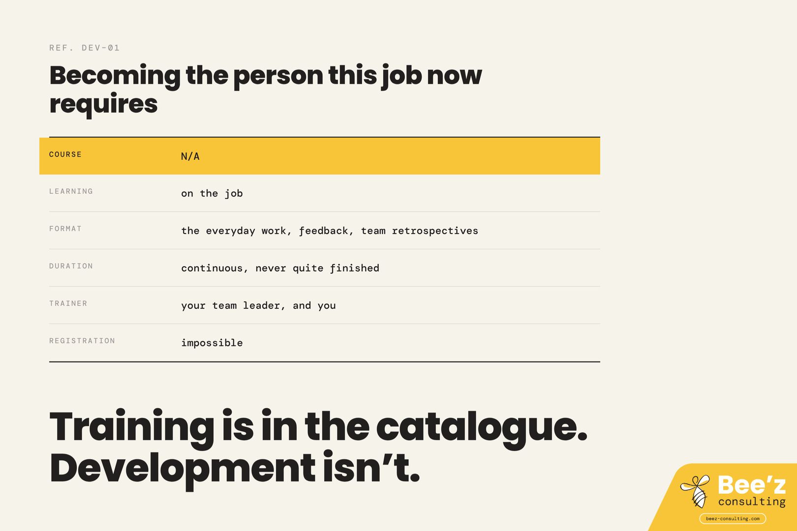 A training catalogue entry where every field is unbookable, from the course to the registration.