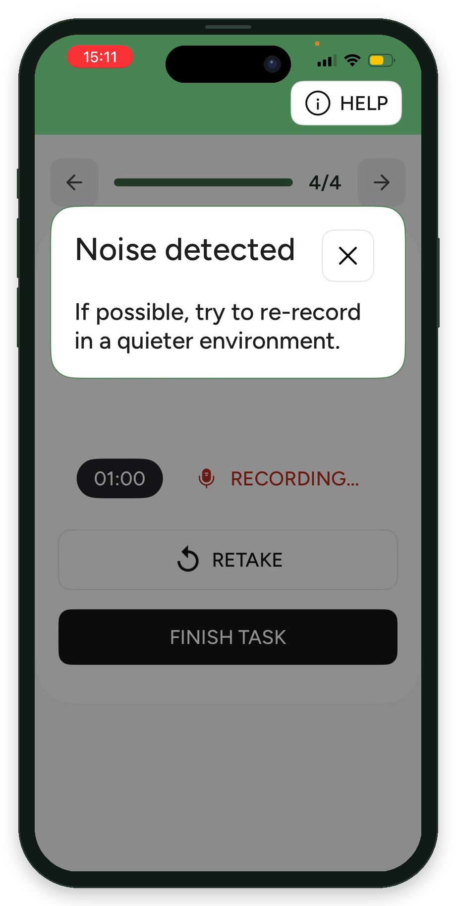 Cephalgo app screen: Noise check and retake