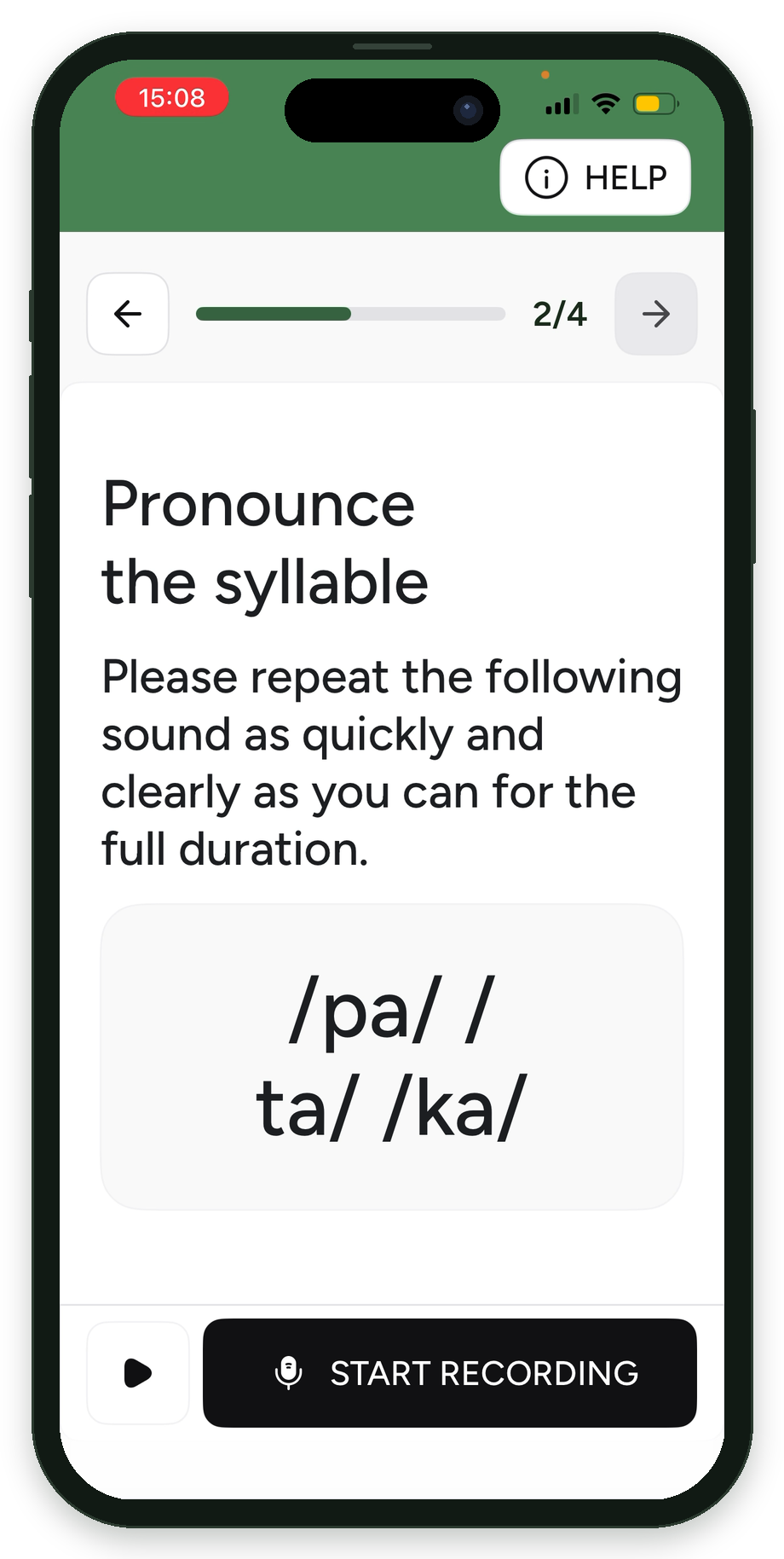 Cephalgo app screen: Repeat syllables