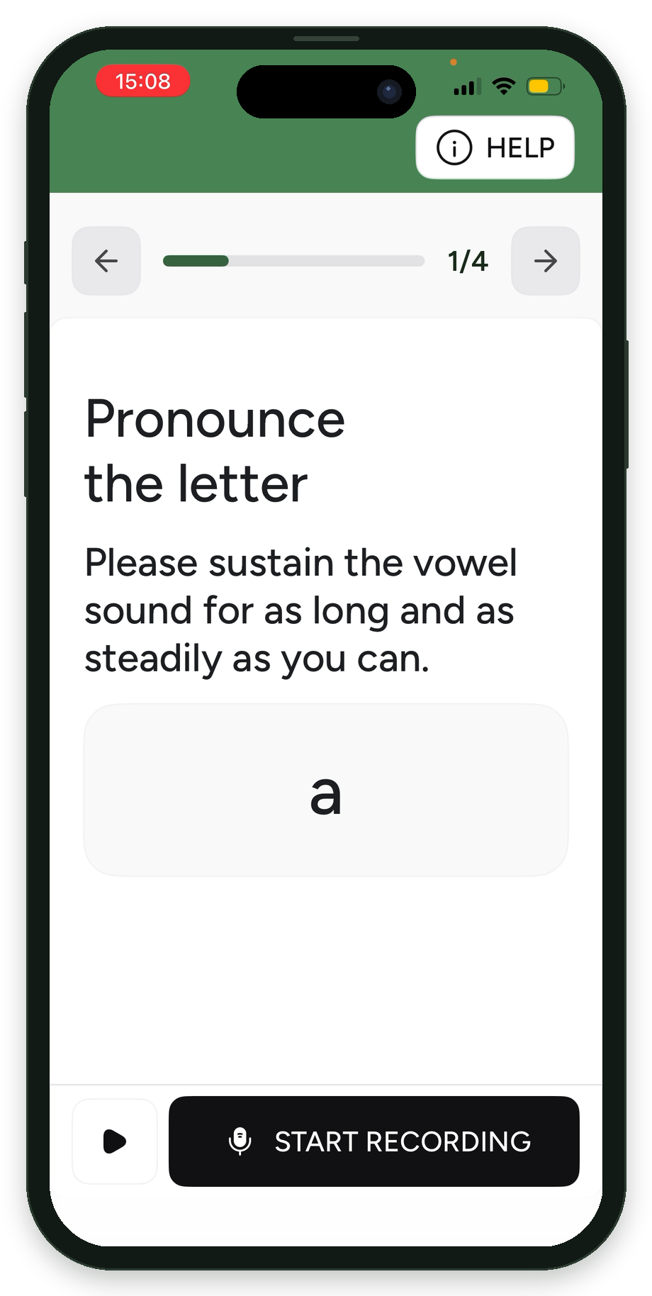 Cephalgo app screen: Sustain a vowel