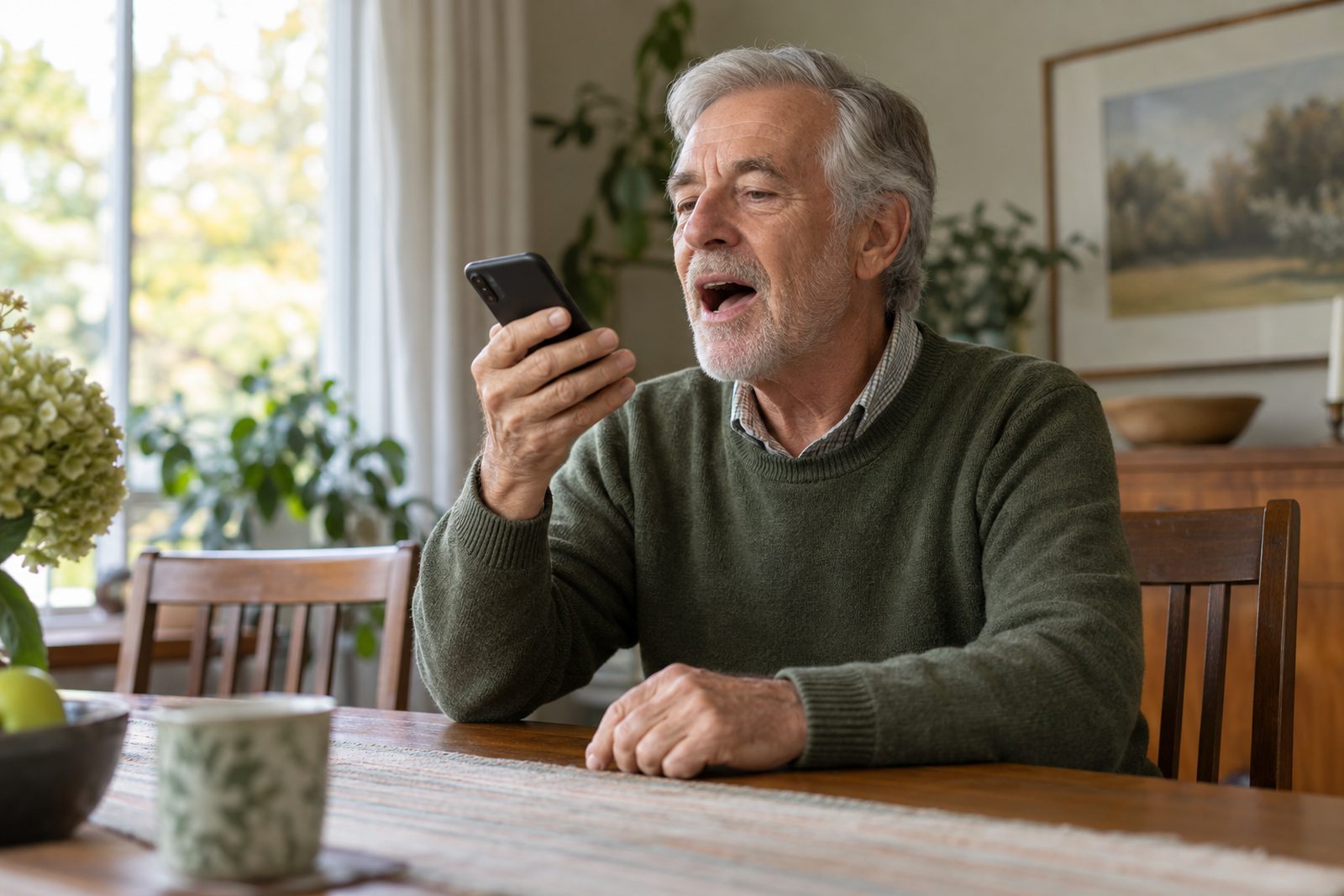 A man at his dining table holding a sustained vowel into his phone
