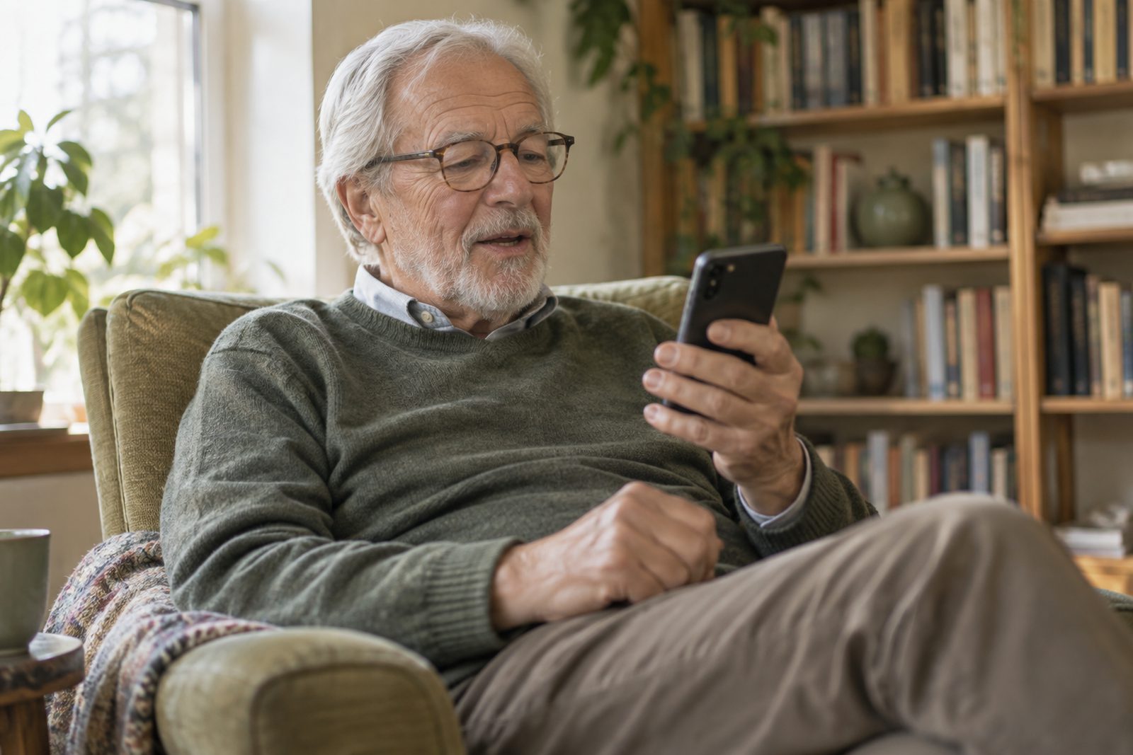 A man in an armchair reading a short passage aloud from his phone