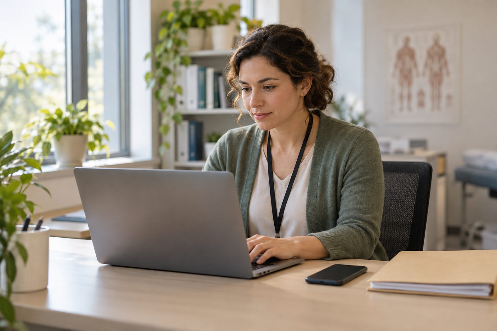 A research coordinator at her desk reviewing a laptop